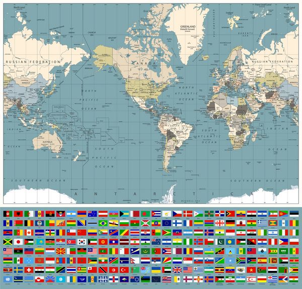 نقشه جهان مرکز آمریکا و همه پرچم های جهان رنگ های رترو