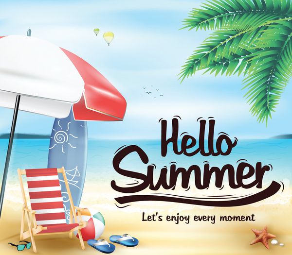 سلام تابستان در استراحتگاه ساحلی با وکتور صندلی و چتر ساحل