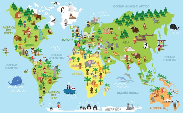 نقشه جهان کارتونی خنده دار با کودکان از ملیت های مختلف حیوانات و بناهای تاریخی از تمام قاره ها و اقیانوس ها وکتور برای آموزش پیش دبستانی و طراحی کودکان