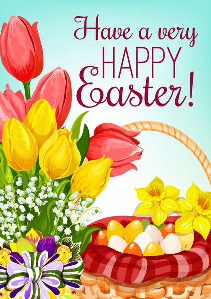 سبد عید پاک با کارت تبریک تخم مرغ و گل