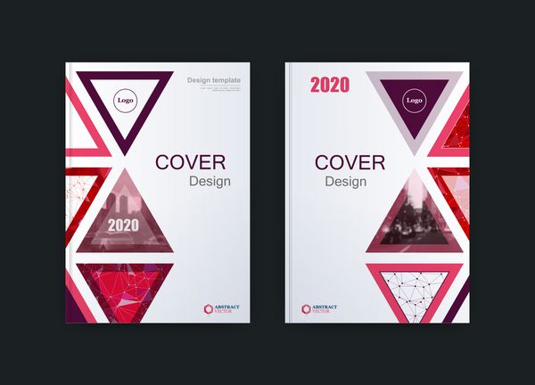 گزارش سالانه طراحی جلد کتاب مجله بروشور در A4 مجموعه وکتور کسب و کار برگه عنوان بروشور ترکیب انتزاعی با مثلث و تصویر قرمز هندسی سبک مینیمالیستی طرح بندی قالب
