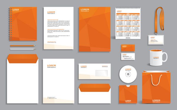 قالب مجموعه لوازم التحریر تجاری ماکت طراحی هویت شرکتی با الگوی چند ضلعی نارنجی