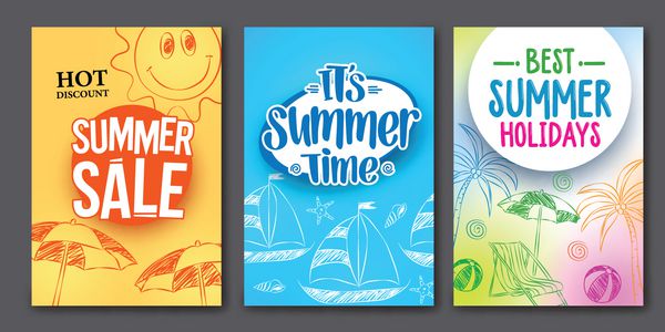 مجموعه طرح های پوستر وب فروش تابستانی و تابستانی با پس زمینه های رنگارنگ و عناصر طراحی وکتور