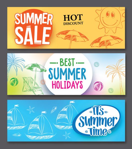مجموعه طرح های بنر وب فروش تابستانی و تعطیلات تابستانی با پس زمینه های رنگارنگ و عناصر طراحی وکتور