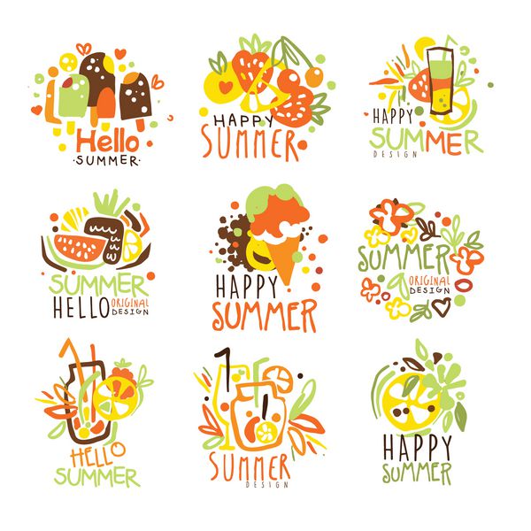 سری لوگوی الگوی طرح گرافیکی رنگارنگ آفتابی تعطیلات مبارک تابستانی استنسیل های وکتوری با دست