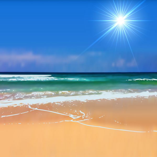 ساحل تابستانی با پس‌زمینه تار خورشید