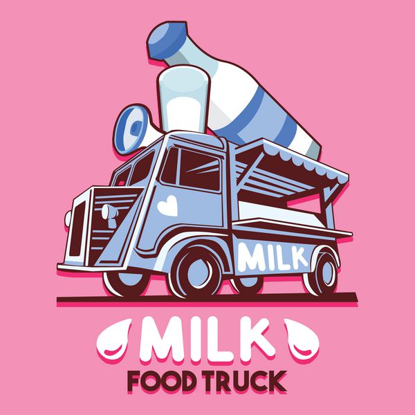 نشان‌واره کامیون حمل غذا برای خدمات تحویل سریع نوار شیر لبنی یا جشنواره غذا لوگوی وکتور ون کامیون با شیر تازه لبنیات تبلیغاتی