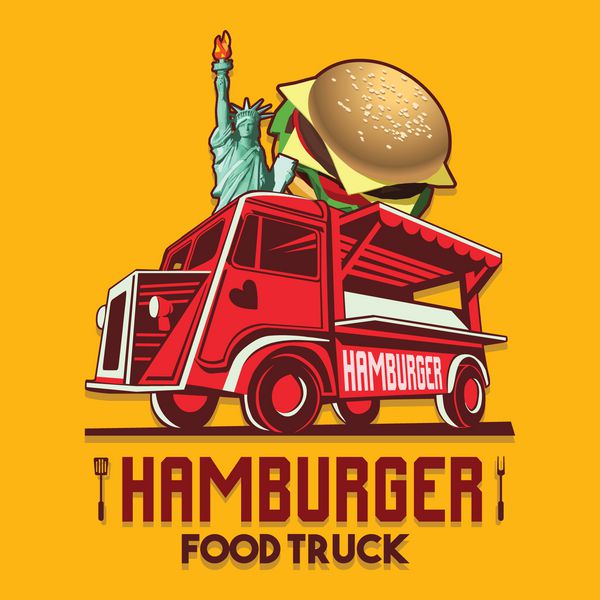 نشان‌واره کامیون غذا برای ایالات متحده آمریکا خدمات تحویل سریع رستوران همبرگر همبرگر آمریکایی یا جشنواره غذا لوگوی وکتور ون کامیون با همبرگر تبلیغاتی