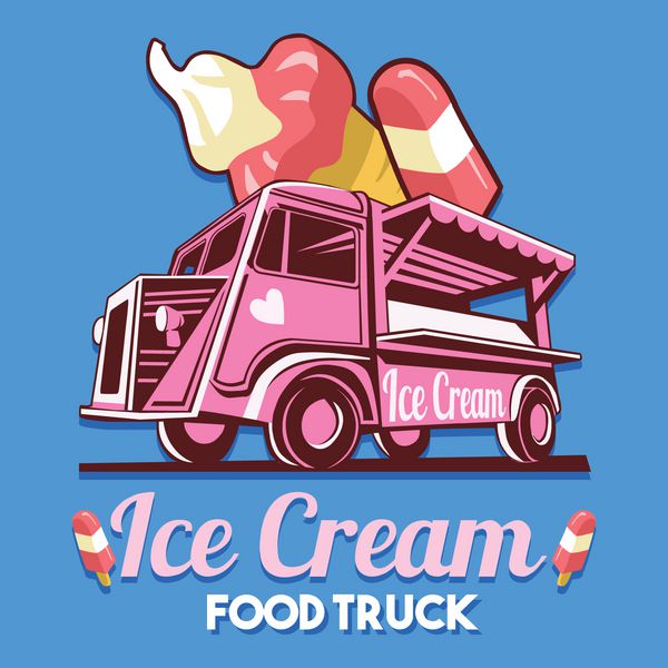 نشان‌واره کامیون غذا برای سرویس تحویل سریع فروشگاه سبد بستنی یا جشنواره غذای تابستانی لوگوی وکتور ون کامیون با بستنی تبلیغاتی