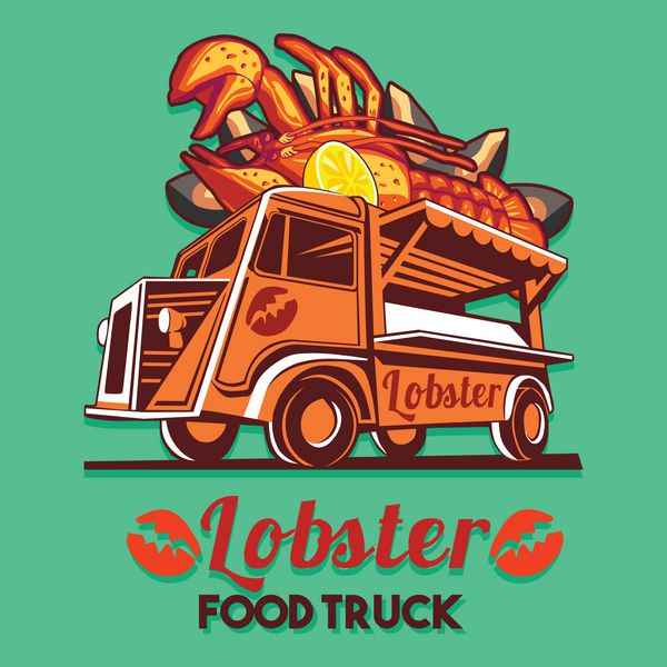لوگوی کامیون حمل غذا برای خدمات تحویل سریع خرچنگ و سالاد غذاهای دریایی یا جشنواره غذای تابستانی لوگوی وکتور ون کامیون با خرچنگ قرمز تبلیغاتی