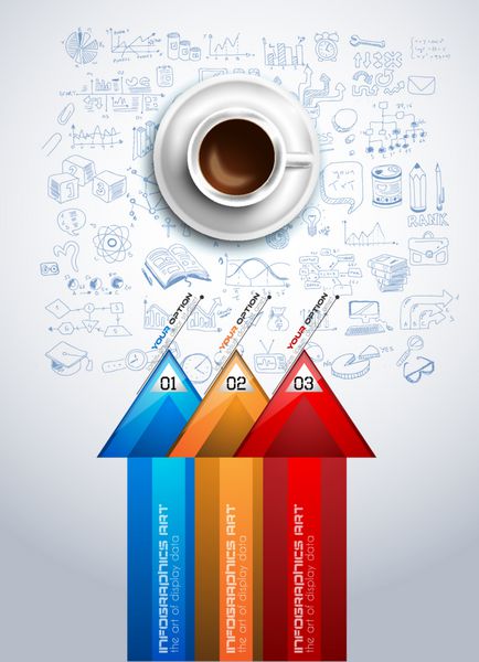 الگوی پس‌زمینه اینفوگرافیک با یک قهوه تازه روی میز با طرح‌های اینفوگرافیک