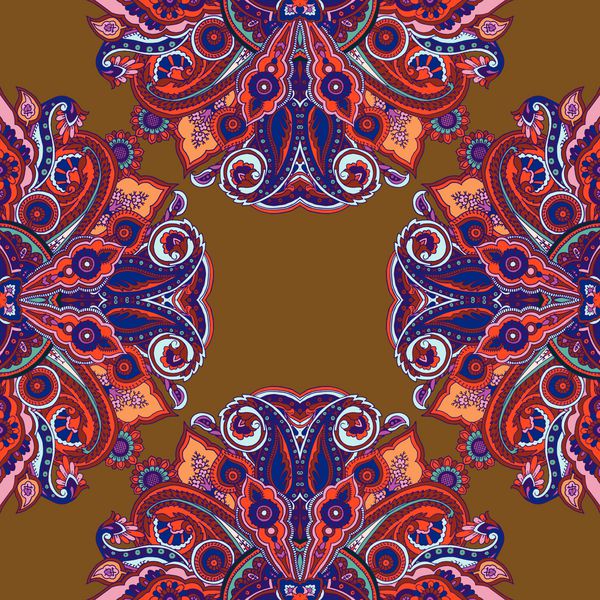 الگوی پیزلی بدون درز انتزاعی تزئینات هندسی ماندالای شرقی سنتی رنگ های ادویه قرمز در پس زمینه قهوه ای خردلی طراحی پارچه