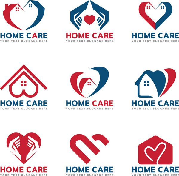 طراحی مجموعه وکتور لوگوی قلب و مراقبت خانه قرمز و آبی