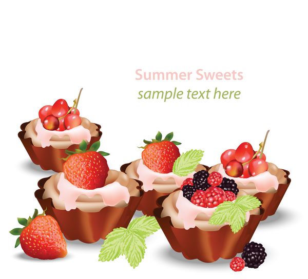 شیرینی ها و دسرهای خوشمزه با تارتلت های میوه ای وکتور شیرینی پزی تابستانه