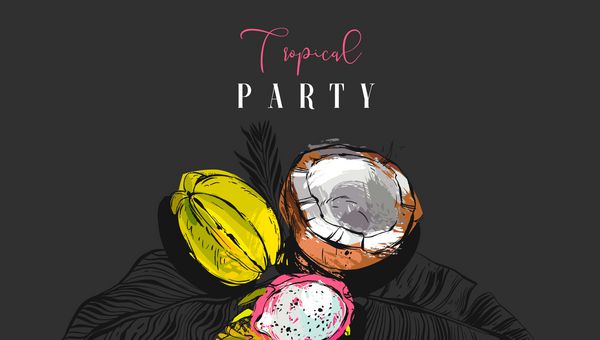 پوستر دعوت به مهمانی استوایی هنری انتزاعی وکتوری با میوه های عجیب و غریب نارگیل پاپایا کارامبولا میوه اژدها و نقل قول خوشنویسی مدرن مهمانی استوایی جدا شده در پس زمینه سیاه