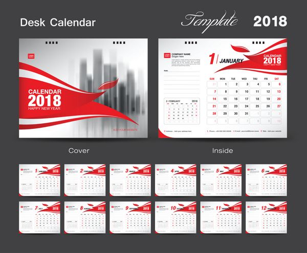 طراحی قالب تقویم رومیزی 2018 جلد قرمز مجموعه 12 ماهه شروع هفته یکشنبه طرح تبلیغات