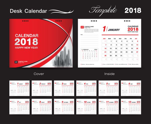 طراحی قالب تقویم رومیزی 2018 جلد قرمز مجموعه 12 ماهه شروع هفته از یکشنبه