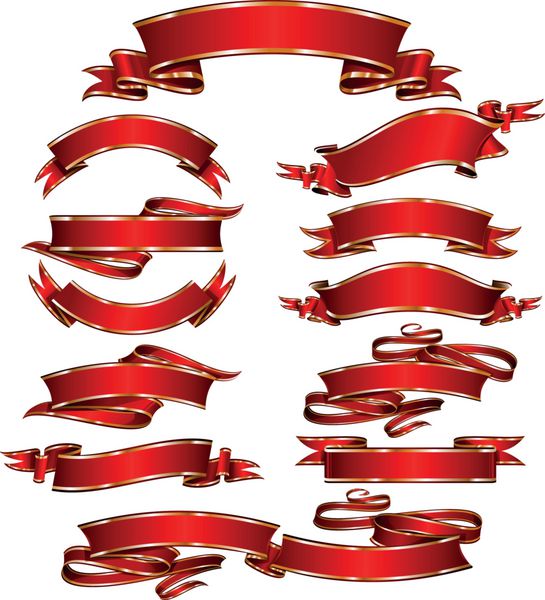 مجموعه ای از بنرهای روبان قرمز با خطوط طلایی در زمینه سفید وکتور