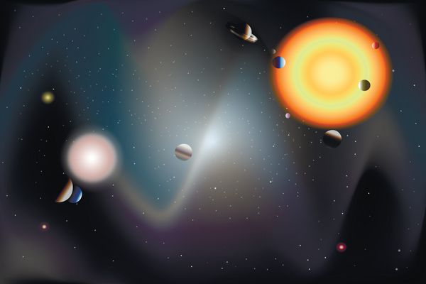 دو منظومه از سیارات و ستاره های خورشید در کیهان پس زمینه فضای سیاه بی نهایت