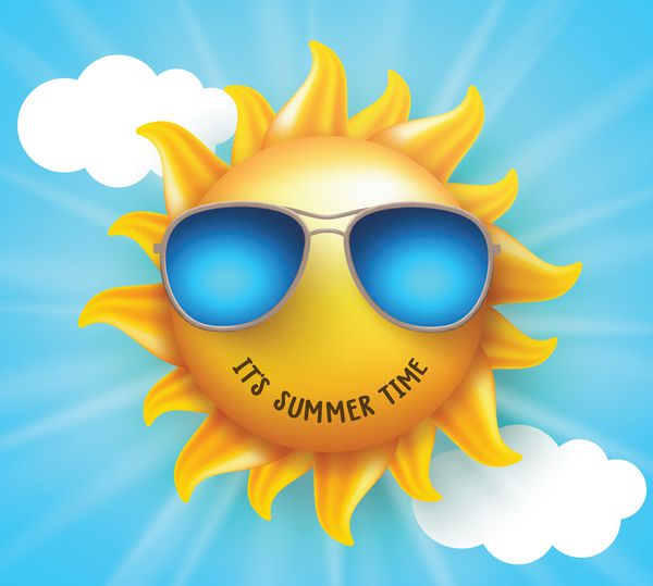 طرح وکتور خورشید تابستانی با لبخند خنده دار و متن تابستانی با عینک آفتابی در پس زمینه آبی وکتور