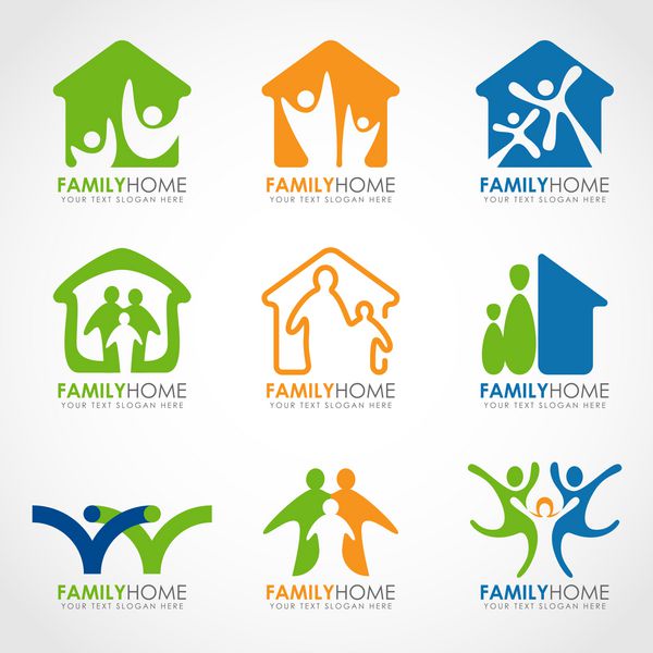 لوگوی خانه خانوادگی با طرح مجموعه وکتور مفهومی انتزاعی انسان و خانه