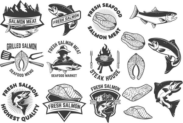 برچسب ها و نشان های گوشت ماهی قزل آلا گریل غذاهای دریایی استیک ماهی عناصر طراحی برای برچسب نشان علامت وکتور