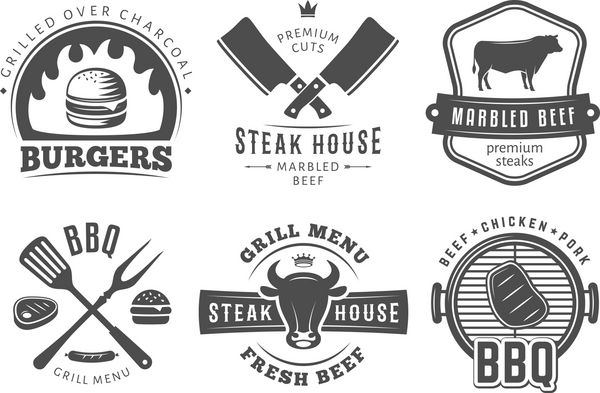 نشان دودی باربیکیو برگر گریل مجموعه ای از لوگوهای وکتور باربیکیو نمادهای قدیمی برای استیک خانه یا بار کباب