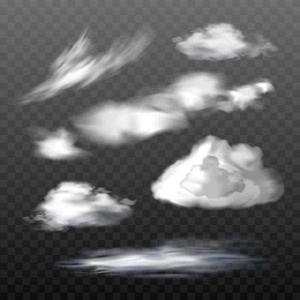 مجموعه ای از تصاویر وکتور از ابرهای نیمه شفاف در انواع مختلف به سبک واقعی عناصر طراحی