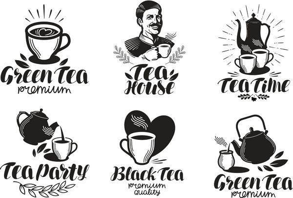 ست لیبل چای نوشیدنی نماد قوری یا لوگو وکتور با حروف دست نویس