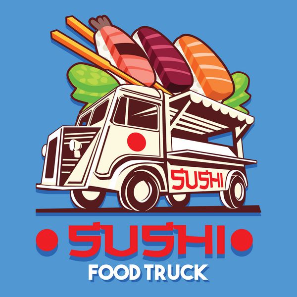 نشان‌واره کامیون غذا برای خدمات تحویل سریع سوشی ساشیمی ژاپنی یا جشنواره غذای آسیایی لوگوی وکتور ون کامیون با تبلیغات سوشی