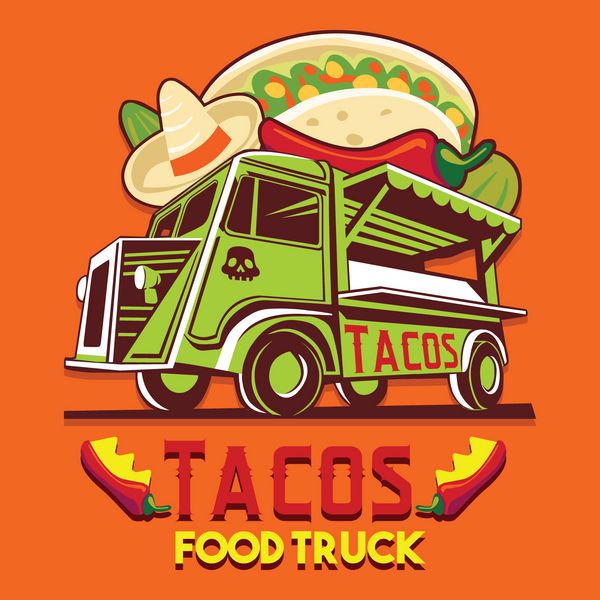 نشان‌واره کامیون حمل غذا برای سرویس تحویل سریع غذای مکزیکی تاکو یا جشنواره غذای تابستانی لوگوی وکتور ون کامیون با غذای مکزیکی تبلیغات تبلیغاتی