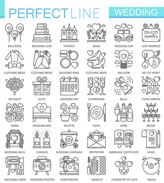 نمادهای مفهومی طرح کلی عروسی نمادهای خط نازک کامل مجموعه ای از تصاویر به سبک سکته مغزی خطی مدرن