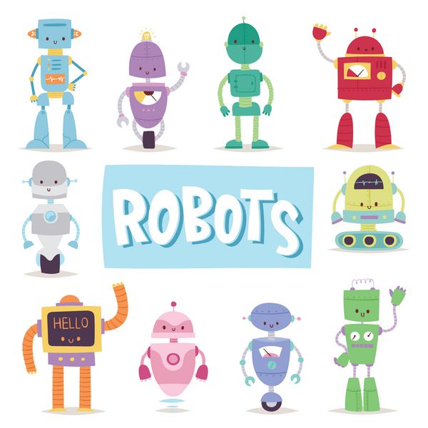 ربات ها و ترانسفورماتور اندروید اسباب بازی های کارتونی رترو شخصیت ماشین رباتیک مصنوعی آینده وکتور سایبورگ