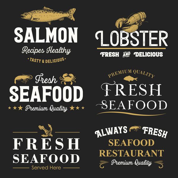 مجموعه ای از برچسب ها و نشان های غذاهای دریایی رترو وکتور