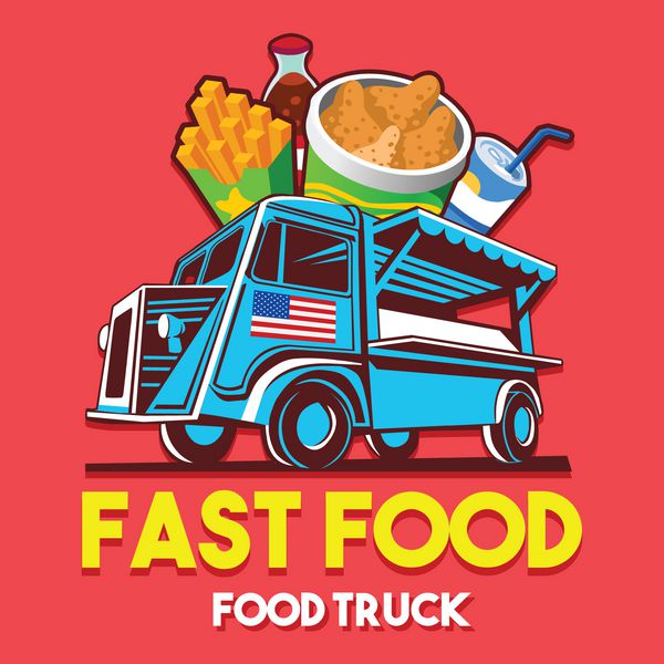 لوگوی کامیون غذا برای خدمات تحویل رستوران فست فود یا جشنواره غذا لوگوی وکتور ون کامیون با تبلیغات تبلیغاتی مواد غذایی