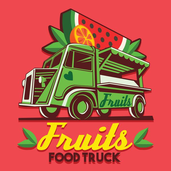 نشان‌واره کامیون غذا برای سرویس تحویل سریع فروشگاه میوه یا جشنواره غذای تابستانی ون کامیون با لوگوی تبلیغاتی هندوانه و آب پرتقال
