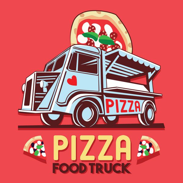 لوگوی کامیون غذا برای خدمات تحویل سریع پیتزا یا جشنواره غذا لوگوی وکتور ون کامیون با پیتزا تبلیغاتی