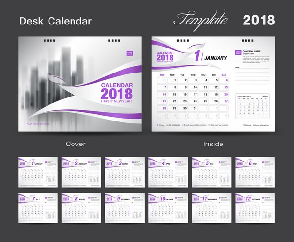 طراحی قالب تقویم رومیزی 2018 جلد بنفش مجموعه 12 ماهه شروع هفته یکشنبه طرح آگهی