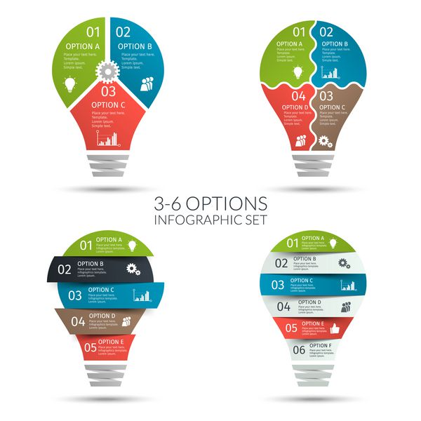 مجموعه اینفوگرافیک لامپ های رنگارنگ مدرن مفهوم کسب و کار با 3 4 5 6 گزینه بخش مرحله یا فرآیند الگو برای ارائه نمودار نمودار وکتور