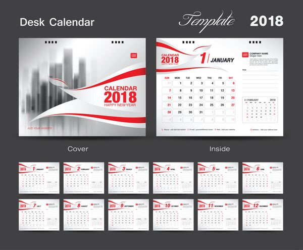 طراحی قالب تقویم رومیزی 2018 جلد قرمز مجموعه 12 ماهه شروع هفته یکشنبه طرح آگهی