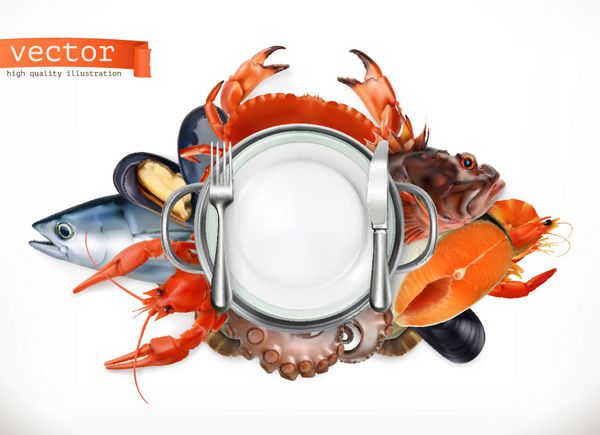 لوگوی غذاهای دریایی ماهی خرچنگ خرچنگ صدف نماد وکتور اختاپوس سه بعدی سبک رئالیسم