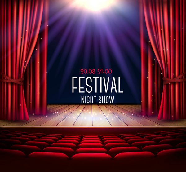 صحنه تئاتر با پرده قرمز و نورافکن پوستر نمایش شب جشنواره بردار