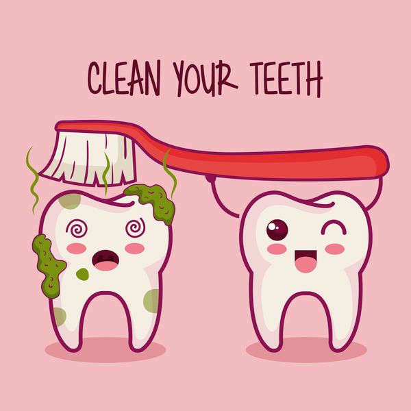 روی تصویر وکتور پس‌زمینه صورتی علامت دندان‌های Kawaii و مسواک زدن با دندان‌های خود را تمیز کنید