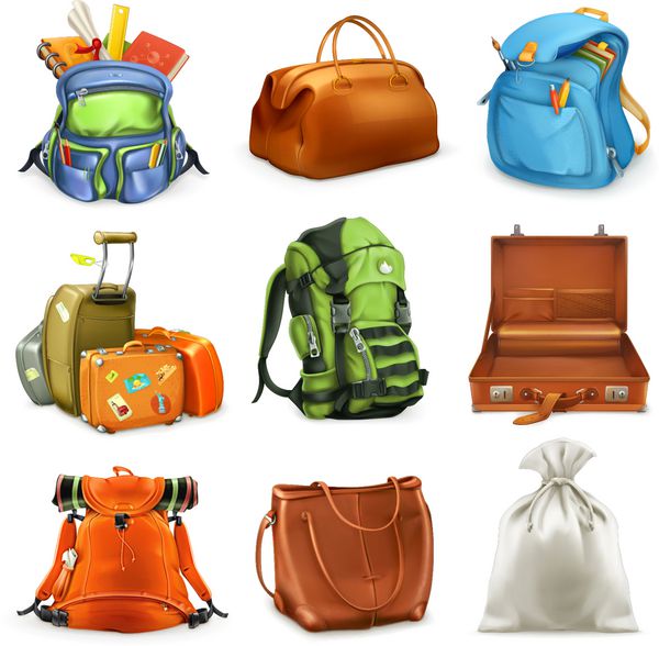 ست کیف کوله پشتی کیف مدرسه چمدان گونی نماد وکتور سه بعدی