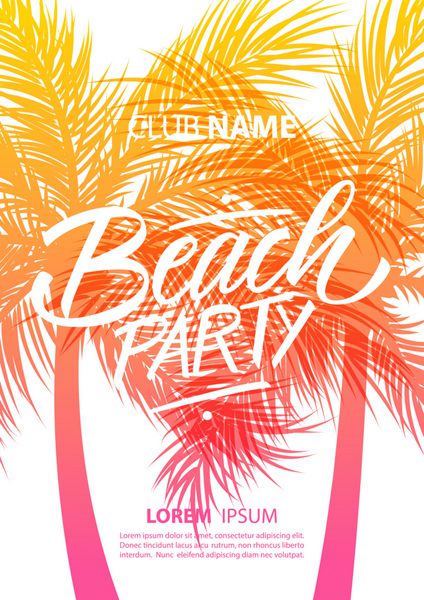 پوستر مهمانی ساحلی با طرح متن با حروف کشیده شده با دست و شبح درختان نخل وکتور