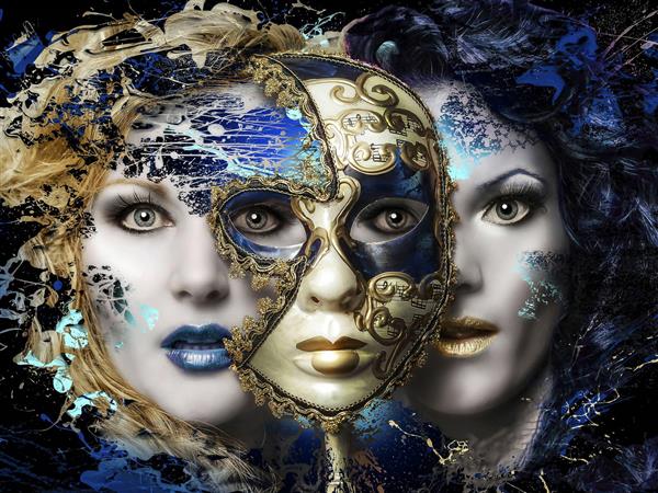 دو چهره زن زیبا و یک ماسک هنر ترکیب تصاویر و مونتاژ