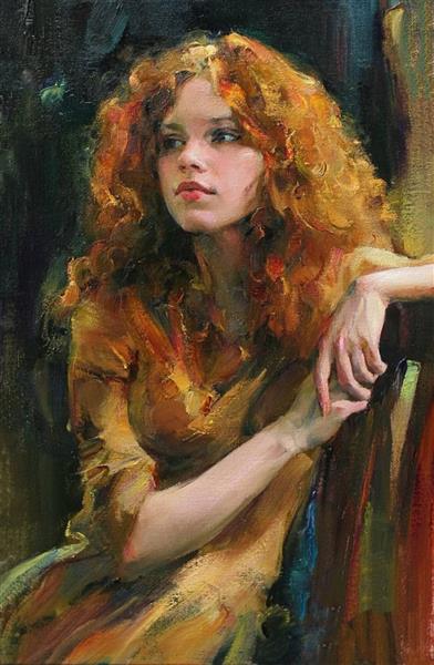 نقاشی رنگ روغن دختر زیبا با موهای بلند و نگاه به دور