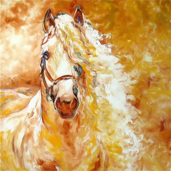 تابلو نقاشی اسب سفید با یال های بلند با رنگ های گرم و زیبا