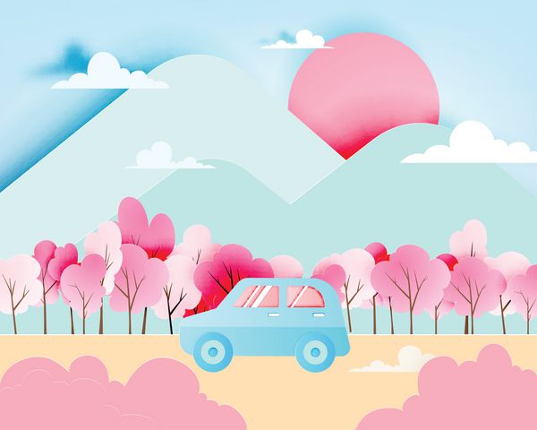 سفر جاده ای با ماشین در فصل بهار و طرح رنگ های طبیعی پاستا کاغذ پس زمینه سبک بردار سبک