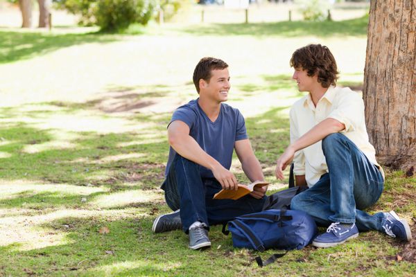 پرتره دو دانشجوی پسر که در یک پارک صحبت می کنند